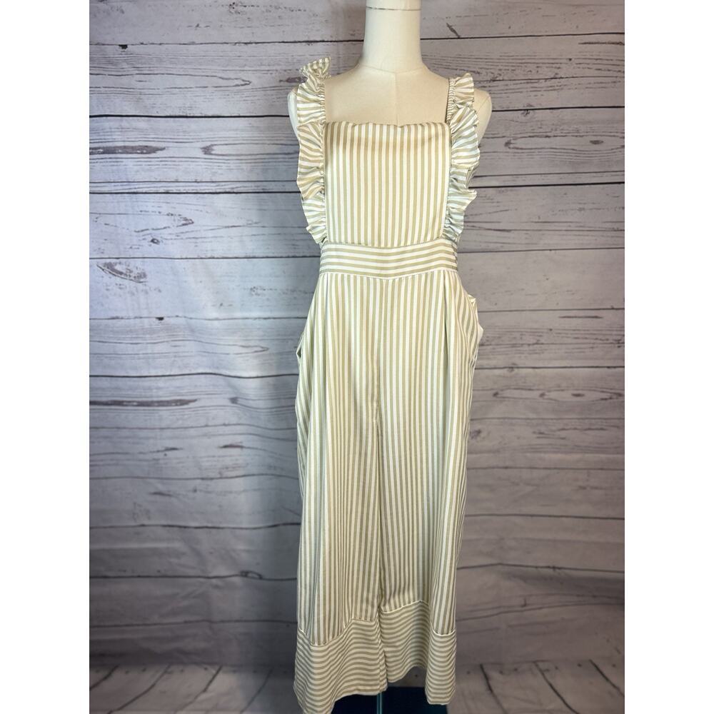 Johnny Becca Striped Ruffle Wide Leg Jumpsuit M White Golden Beige Pockets Lined
